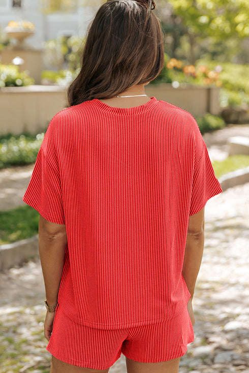 Twist Front American Flag Sequin Ribbed Crop and Shorts Set